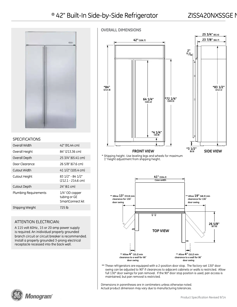 Page 1 of the manual Technical Sheet GE ZISS420NXSS