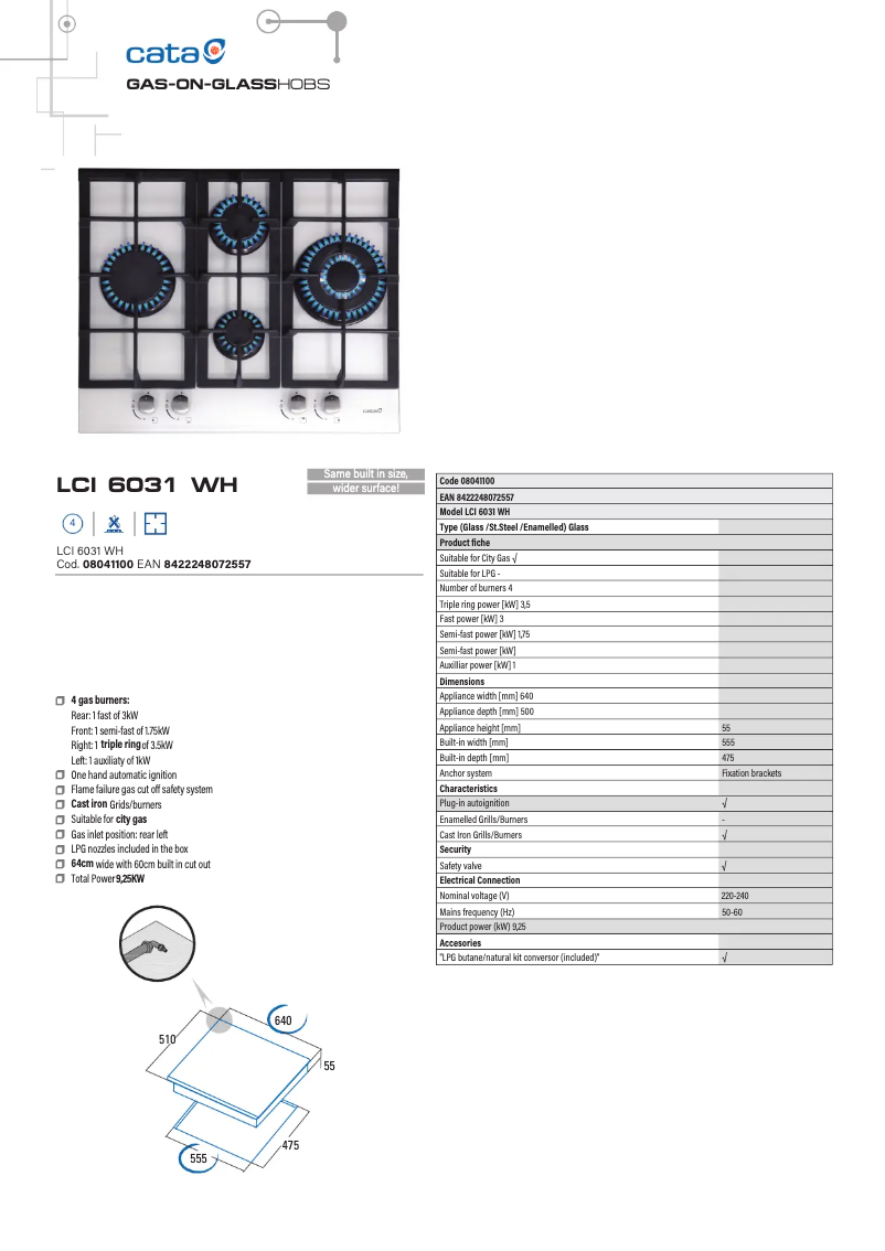 Page 1 de la notice Fiche technique CATA LCI 6031 WH