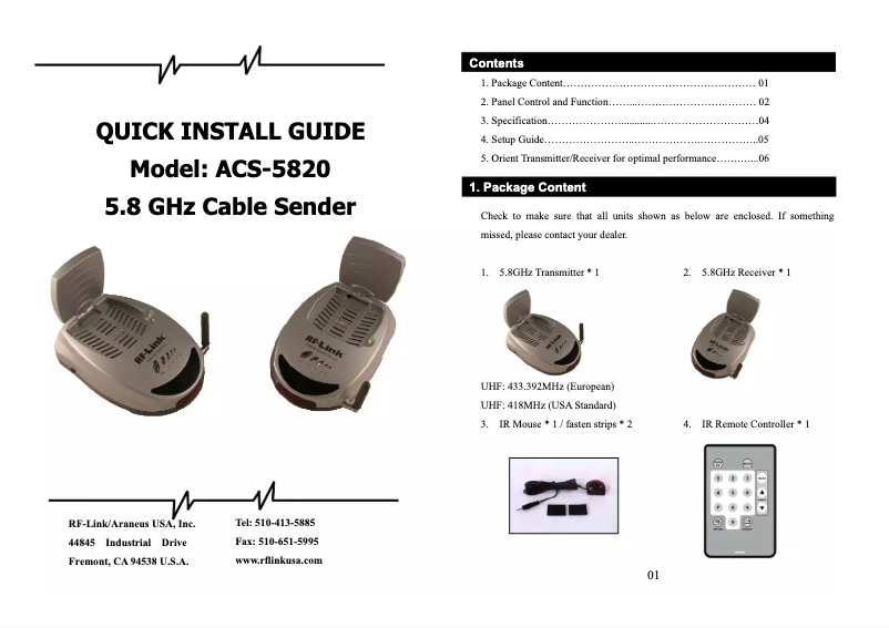 Page n°1 - Manuel utilisateur RF-Link ACS-5820