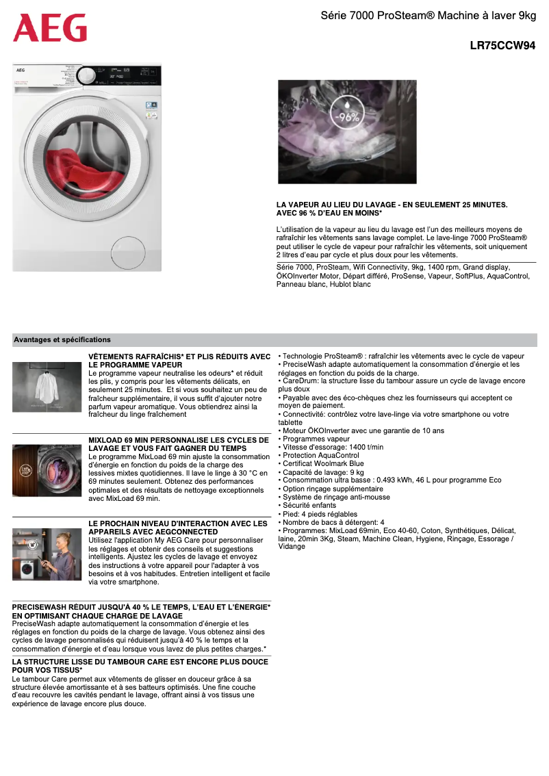 Page 1 de la notice Fiche technique AEG LR75CCW94