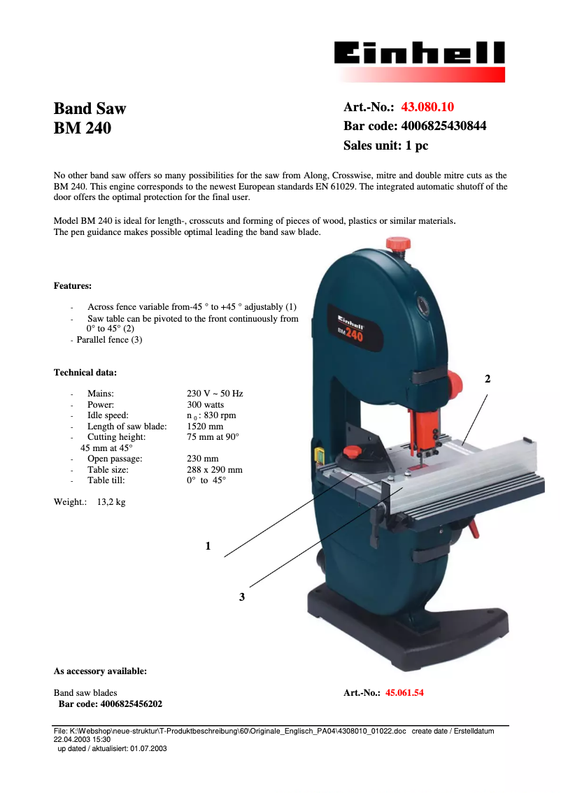 Page 1 de la notice Fiche technique Einhell BM 240