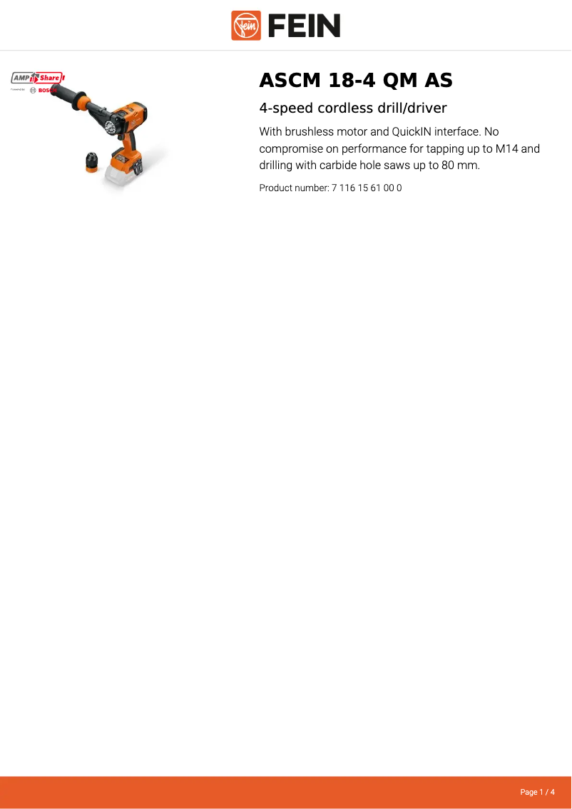 Página 1 del manual Ficha técnica Fein ASCM 18 QM
