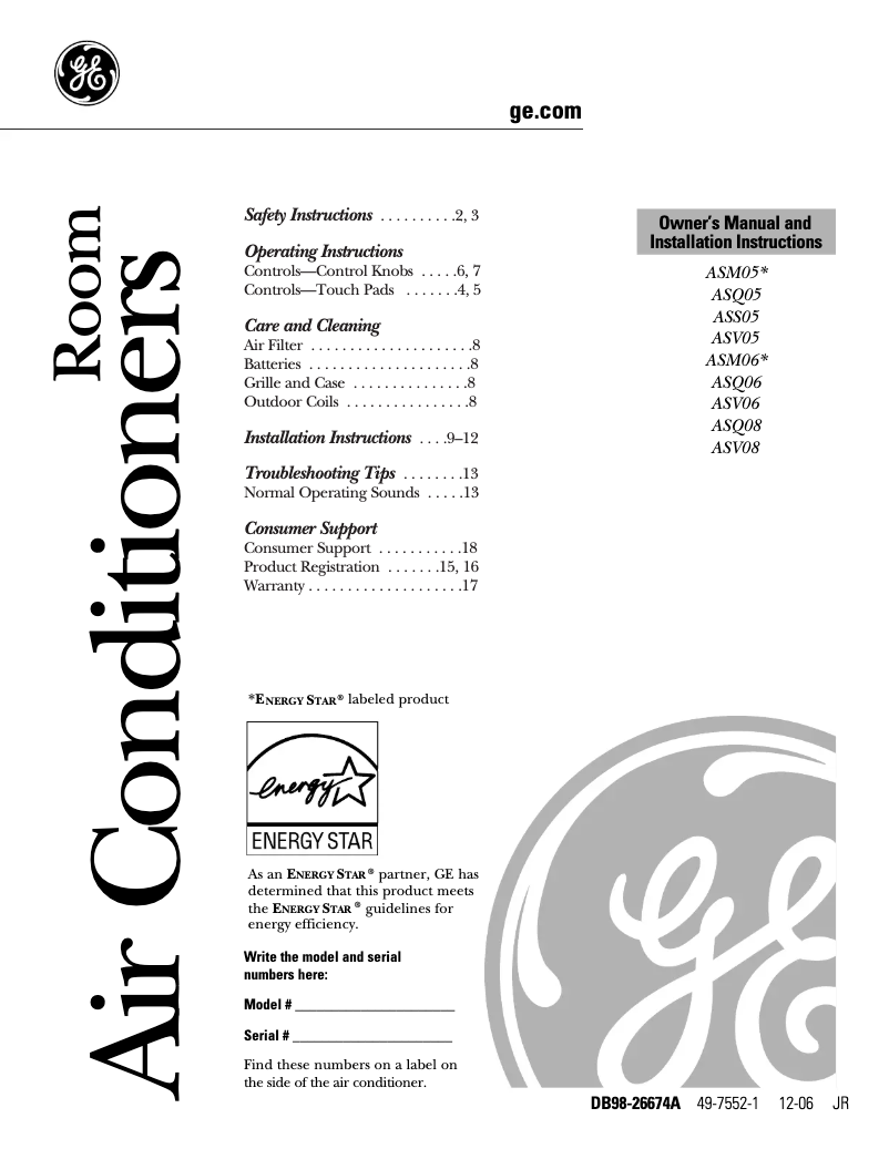 Page 1 de la notice Manuel d'utilisation et d'entretien GE ASV05LK