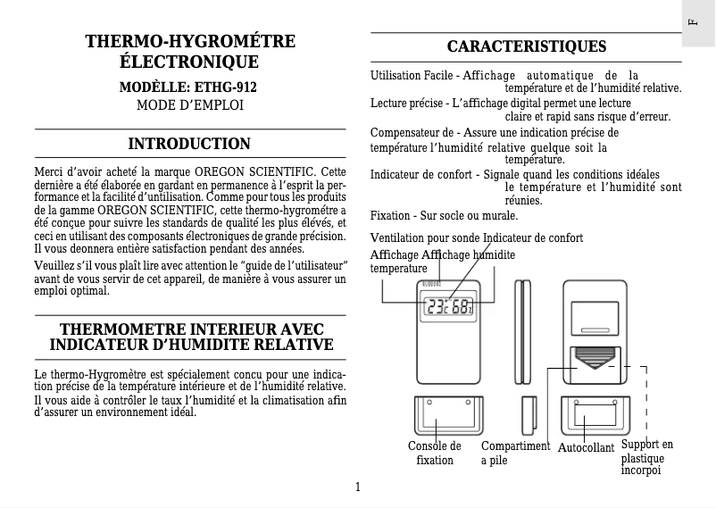Page 1 de la notice Manuel utilisateur Oregon Scientific ETHG912