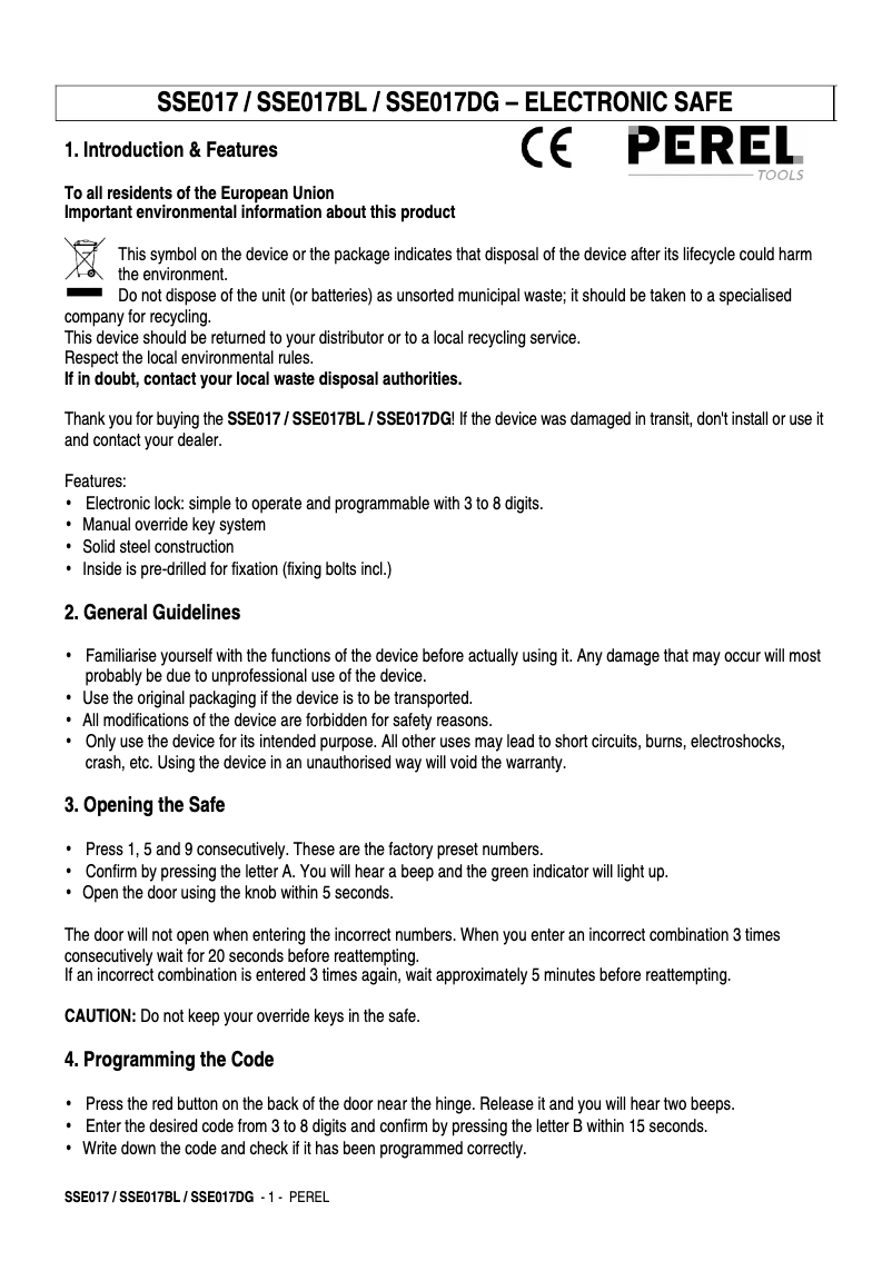 Page 1 de la notice Manuel utilisateur Perel SSE017