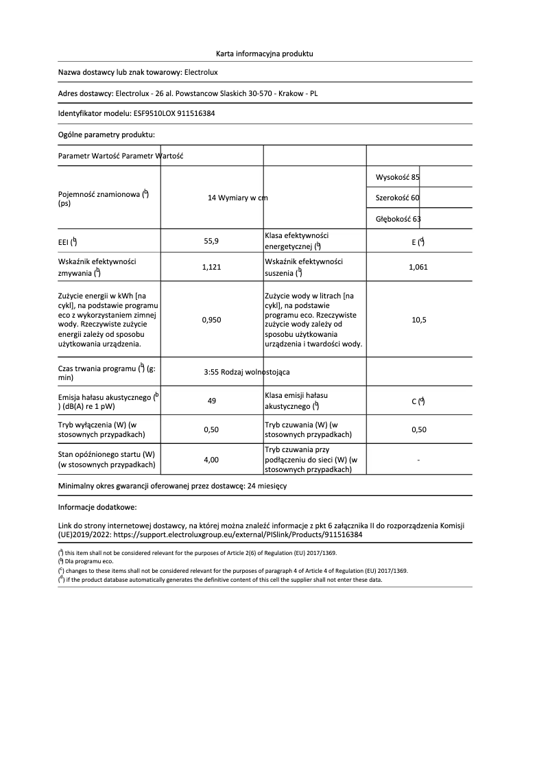 Page 1 de la notice Fiche technique Electrolux ESF9510LOX