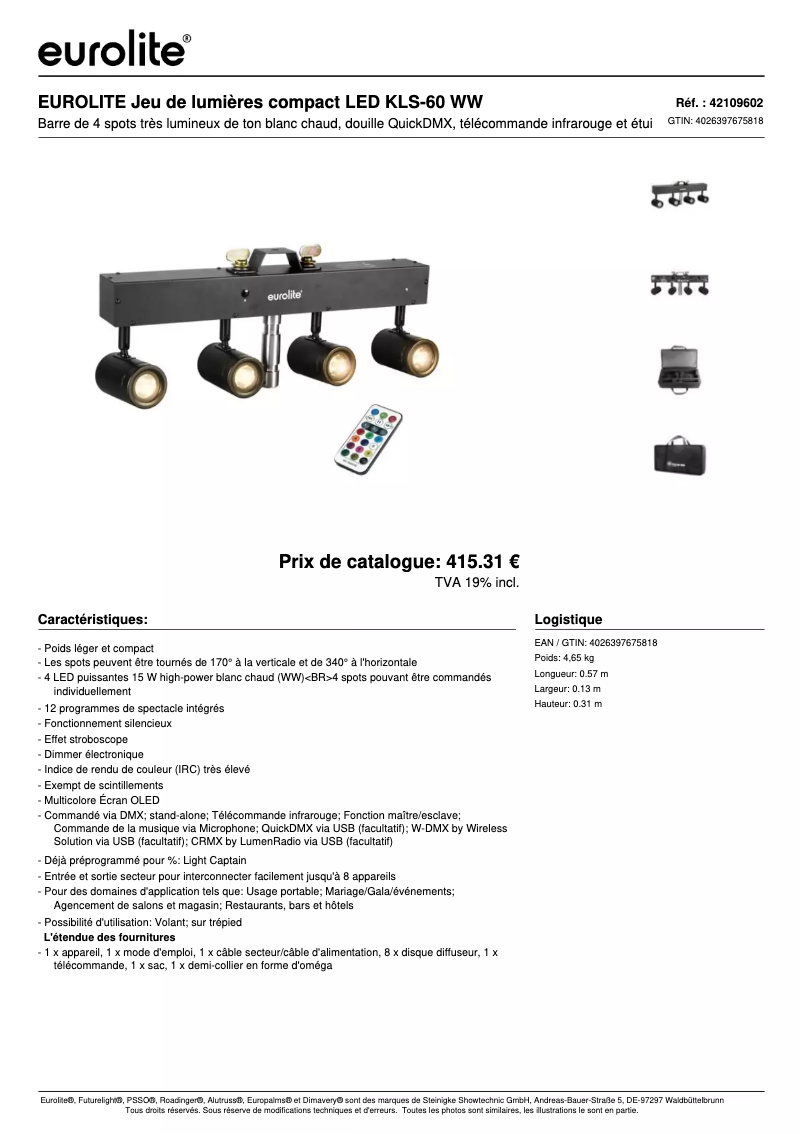 Page 1 de la notice Fiche technique Eurolite LED KLS-60 WW