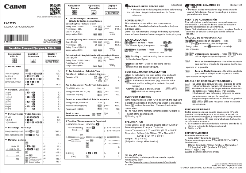 Page 1 de la notice Manuel utilisateur Canon LS-122TS