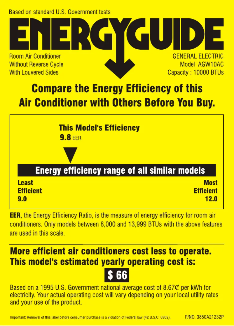 Page 1 de la notice Label énergétique GE AGW10AC