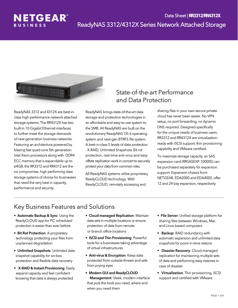 Page 1 de la notice Fiche technique Netgear ReadyNAS RR3312