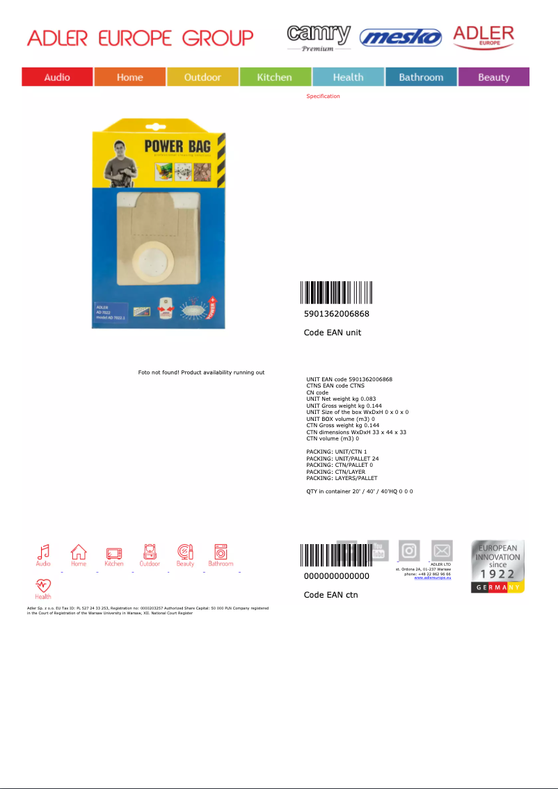 Page n°1 - Manuel utilisateur Adler AD 7022.1