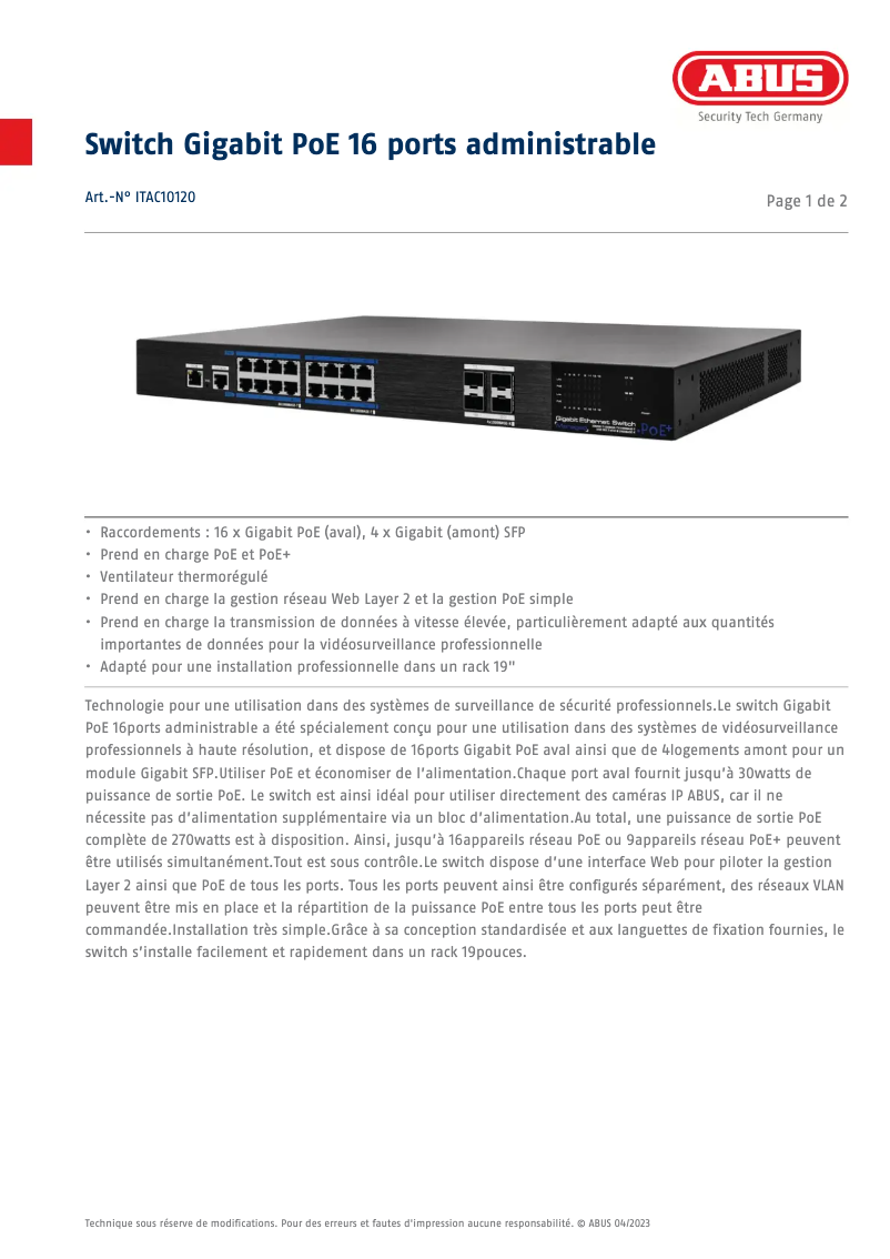 Page n°1 - Fiche technique Abus ITAC10120