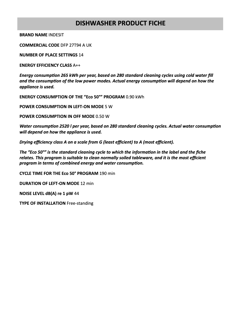 Page n°1 - Instructions / montage Indesit DFP 27T94 A UK