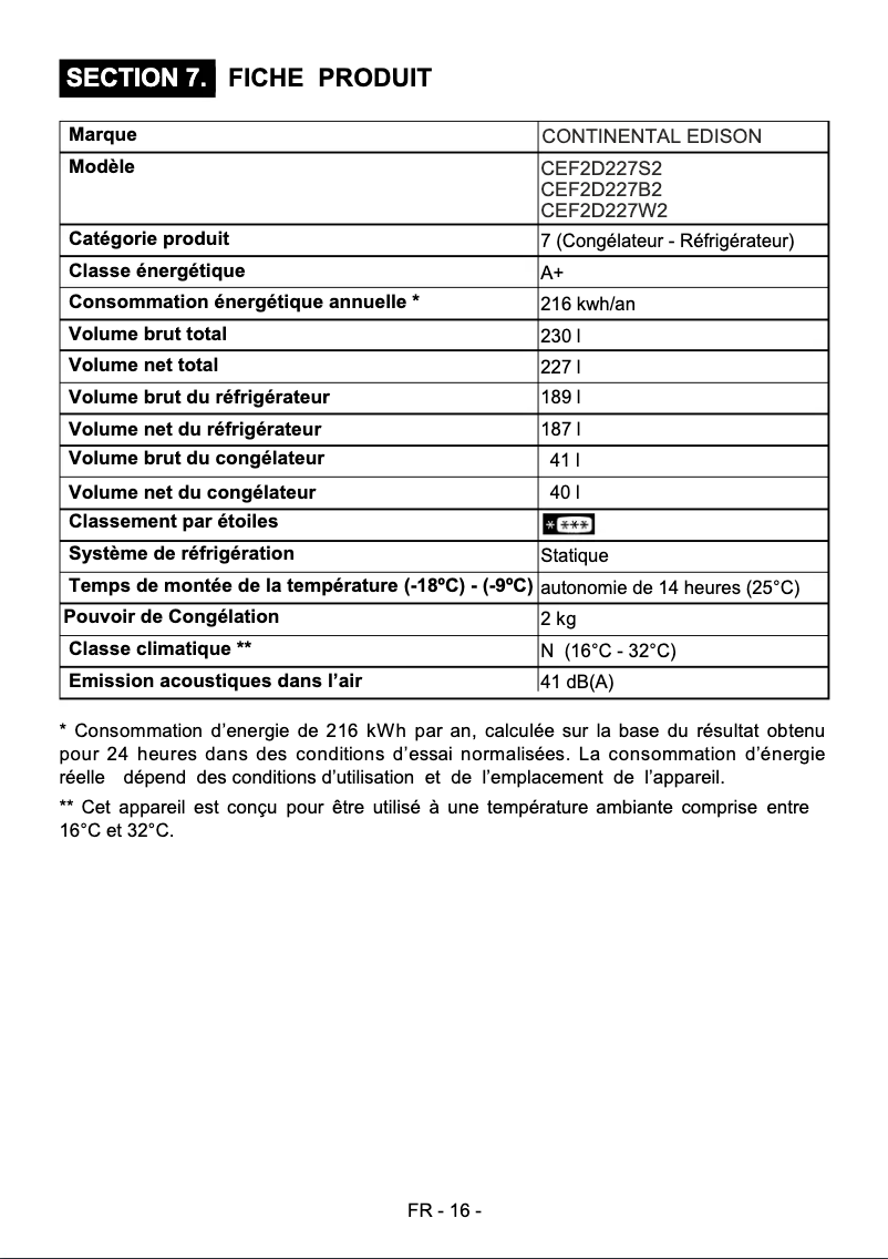 Page 1 de la notice Label énergétique Continental Edison CEF2D227B2