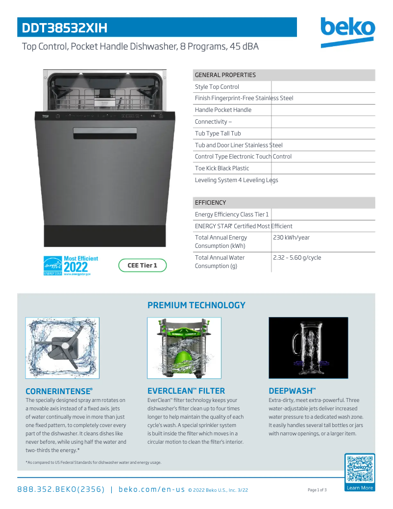 Page 1 de la notice Fiche technique Beko DDT38532XIH