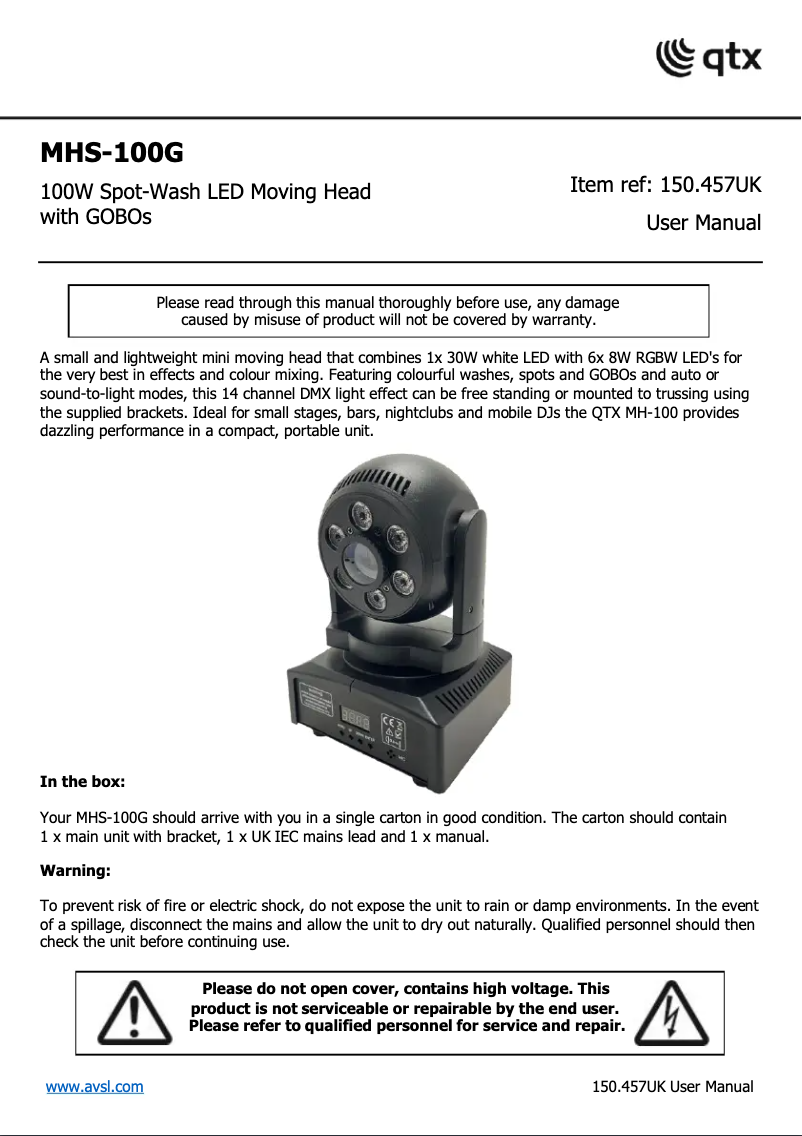 Page 1 de la notice Manuel utilisateur Qtx MHS-100G