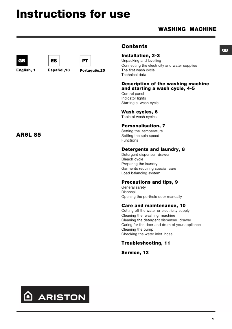 Page n°1 - Manuel utilisateur Ariston Thermo AR6L 85