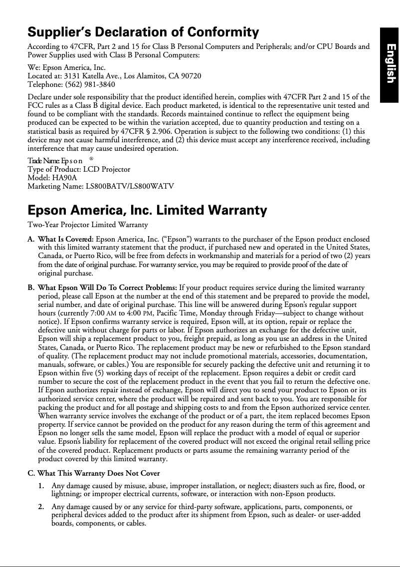 Page 1 de la notice Informations de garantie Epson LS800W