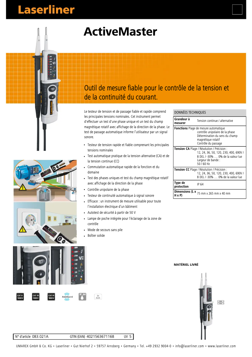 Page 1 de la notice Fiche technique Laserliner ActiveMaster
