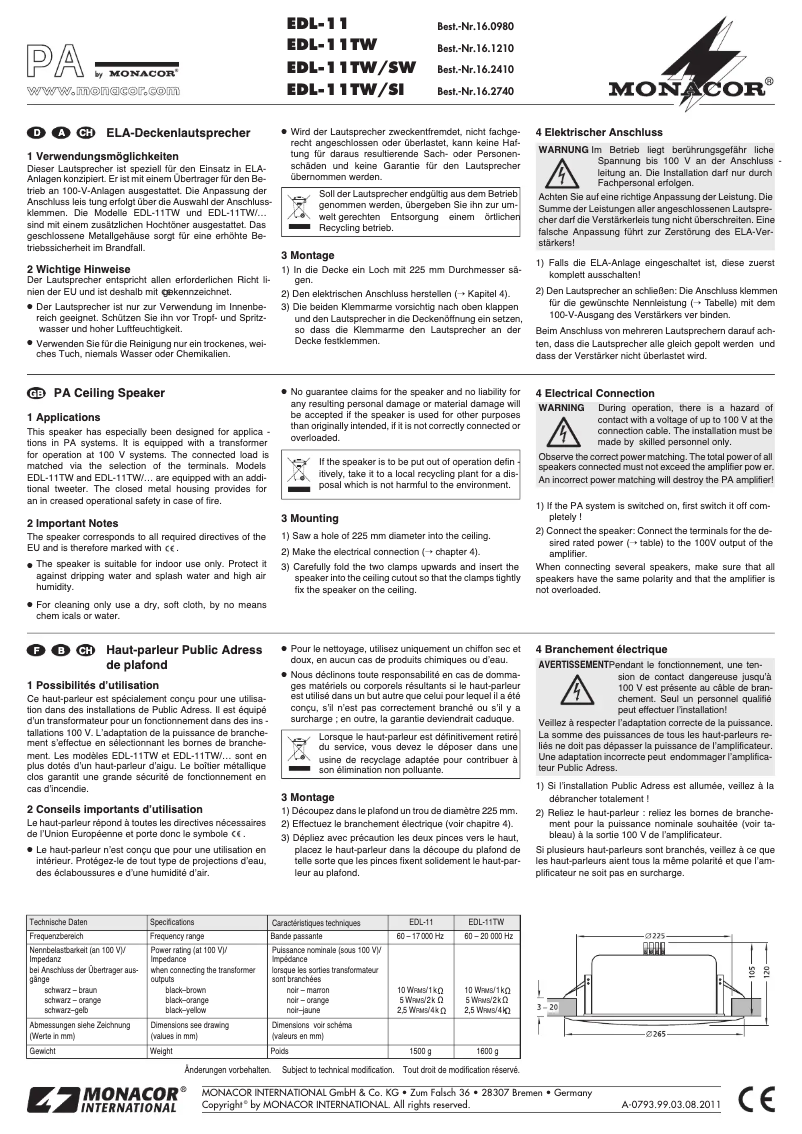 Page 1 de la notice Manuel utilisateur Monacor EDL-11TW/SI