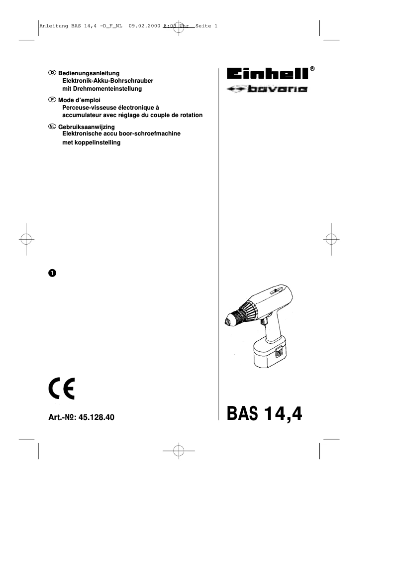 Page 1 de la notice Manuel utilisateur Bavaria by Einhell BAS 14.4/1
