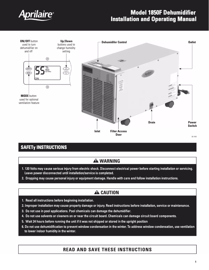 Page n°1 - Manuel utilisateur Aprilaire 1850F