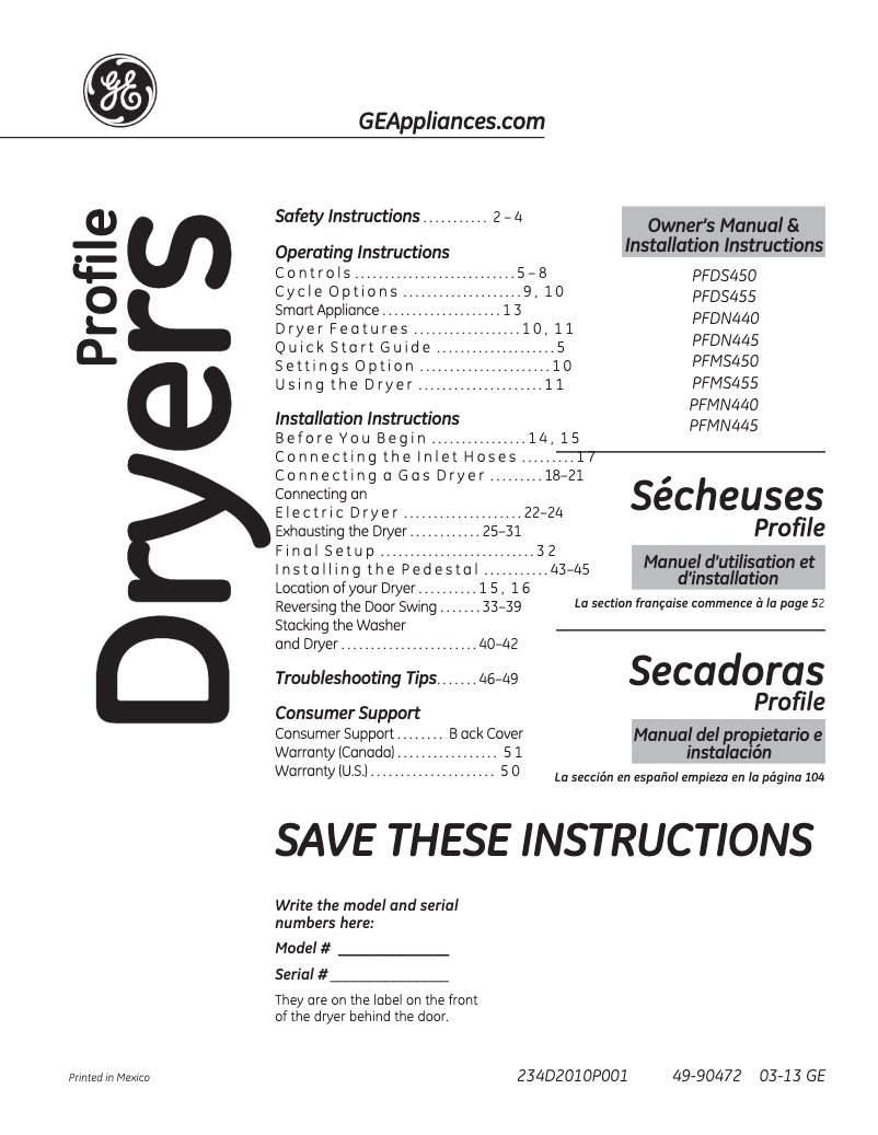 Image de la première page du manuel de l'appareil Profile PFDS450ELWW