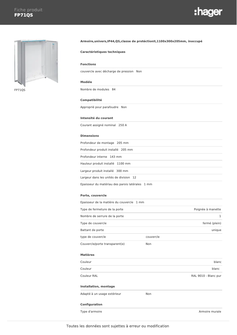 Page n°1 - Manuel utilisateur Hager FP71QS