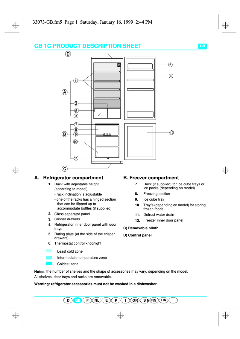 Page 1 de la notice Manuel utilisateur Whirlpool ART 893/G/BR