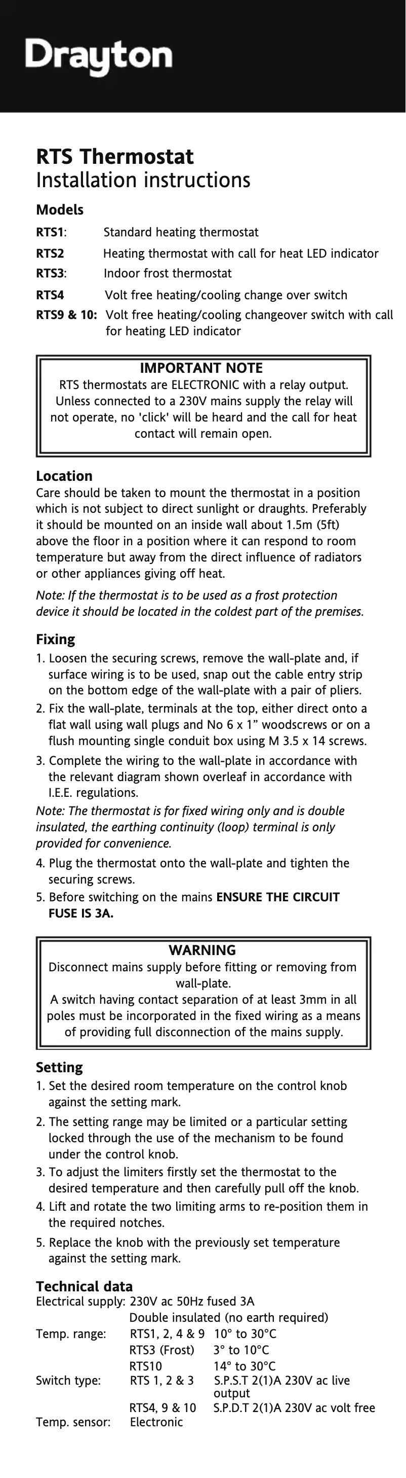 Page 1 de la notice Mode d'emploi Drayton RTS4