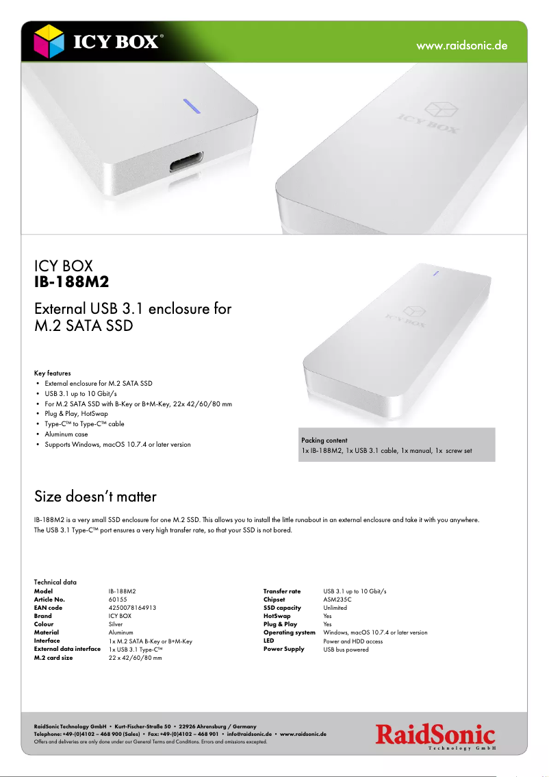 Page 1 de la notice Fiche technique Icy Box IB-188M2