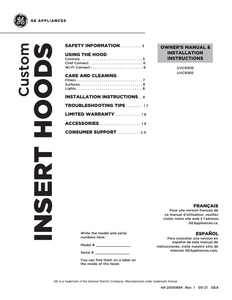 Page 1 de la notice Manuel d'utilisation et d'entretien GE UVC9300SLSS