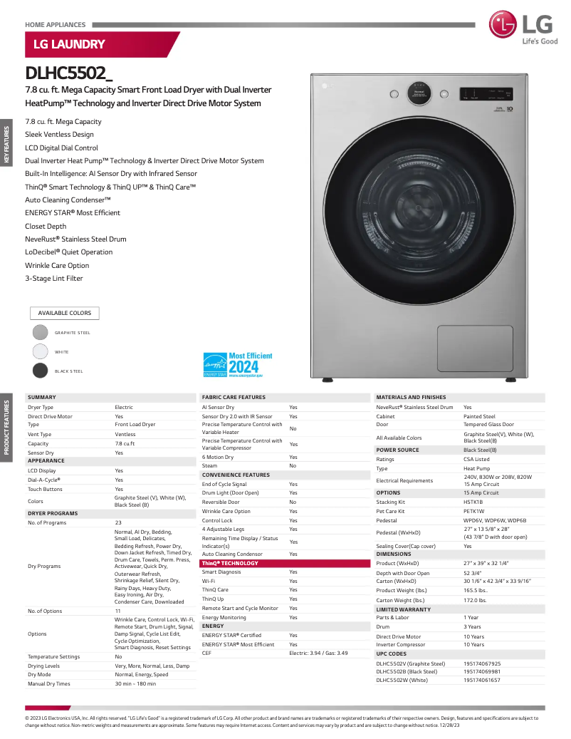 Page 1 de la notice Fiche technique LG DLHC5502W