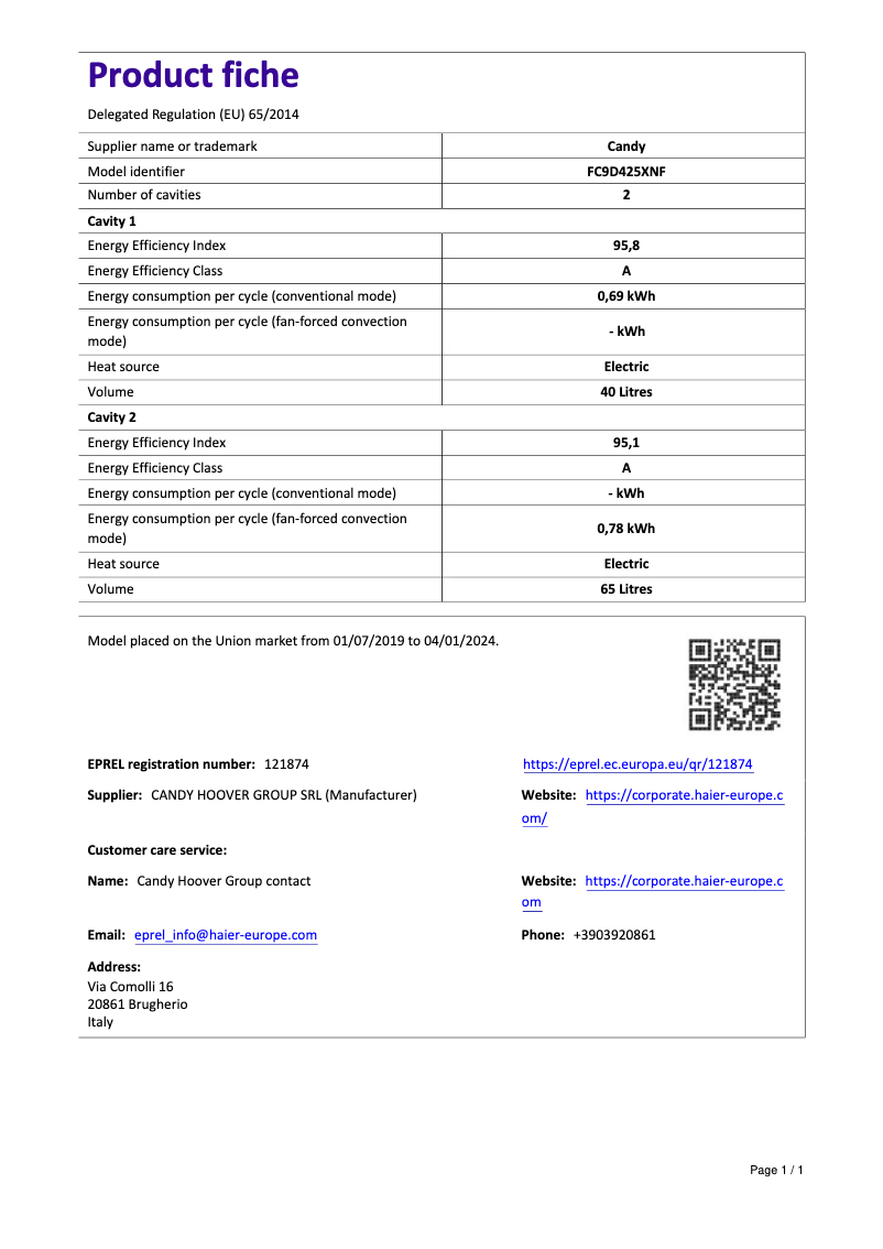 Page 1 de la notice Manuel utilisateur Candy FC9D425XNF