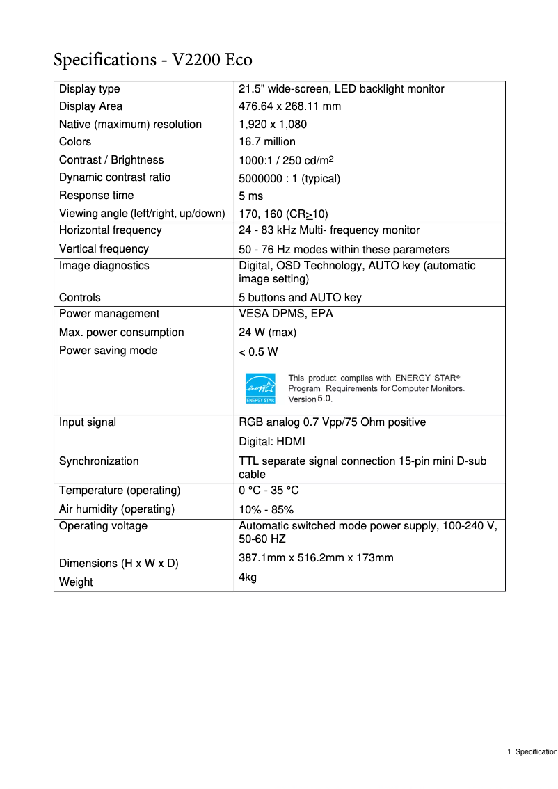 Page 1 de la notice Fiche technique BenQ V2200 Eco