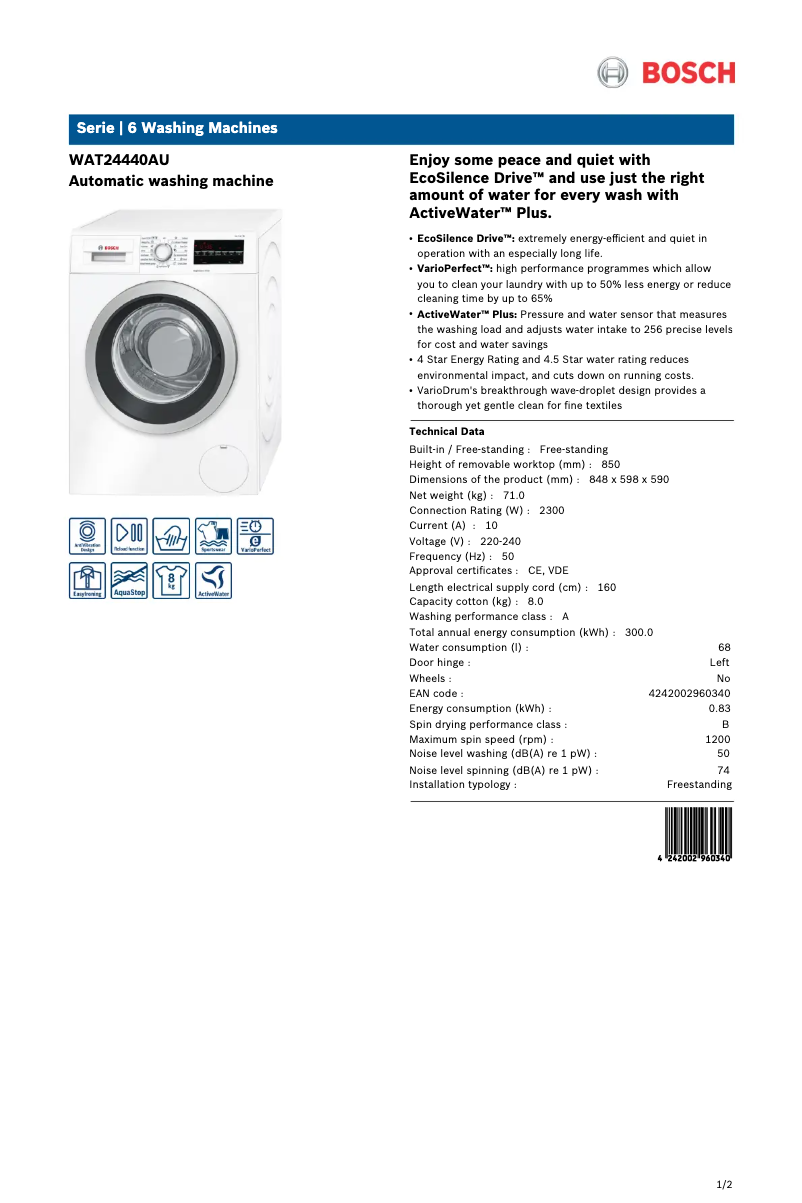 Page n°1 - Fiche technique Bosch WAT24440AU