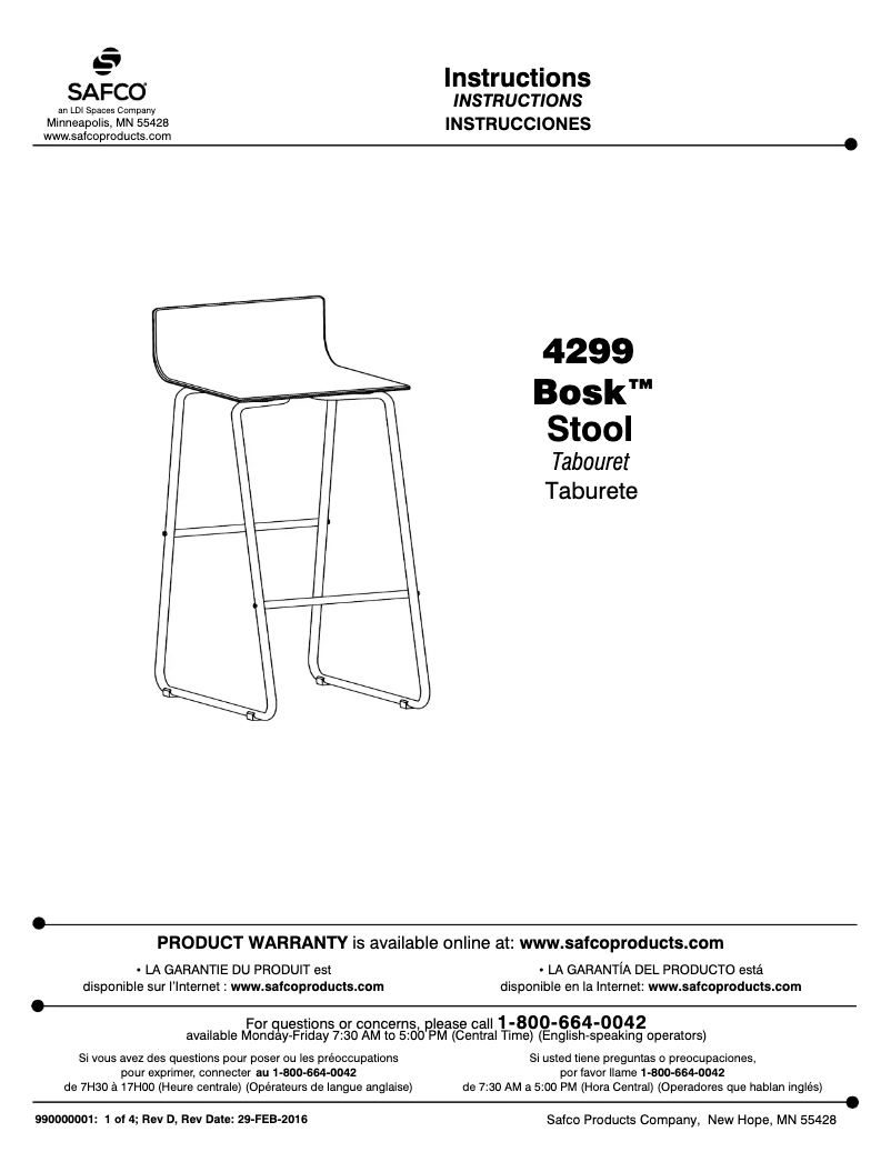 Page 1 de la notice Manuel utilisateur Safco Bosk 4299