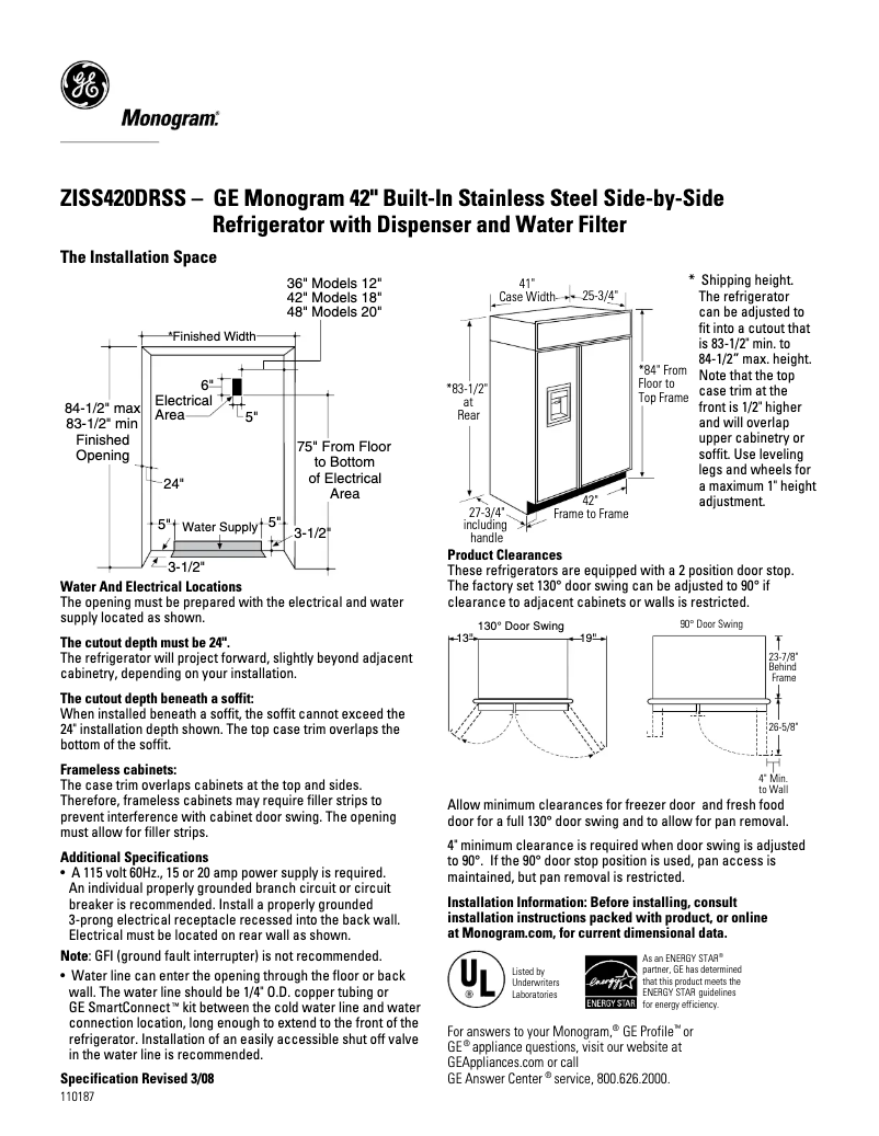 Página 1 del manual Ficha técnica GE ZISS420DRSS