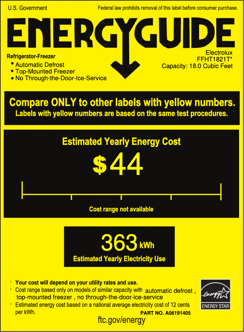 Page 1 de la notice Label énergétique Frigidaire FFHT1821T