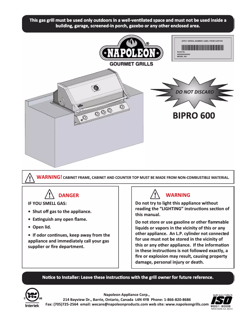 Page n°1 - Manuel utilisateur Napoleon BIPRO 600