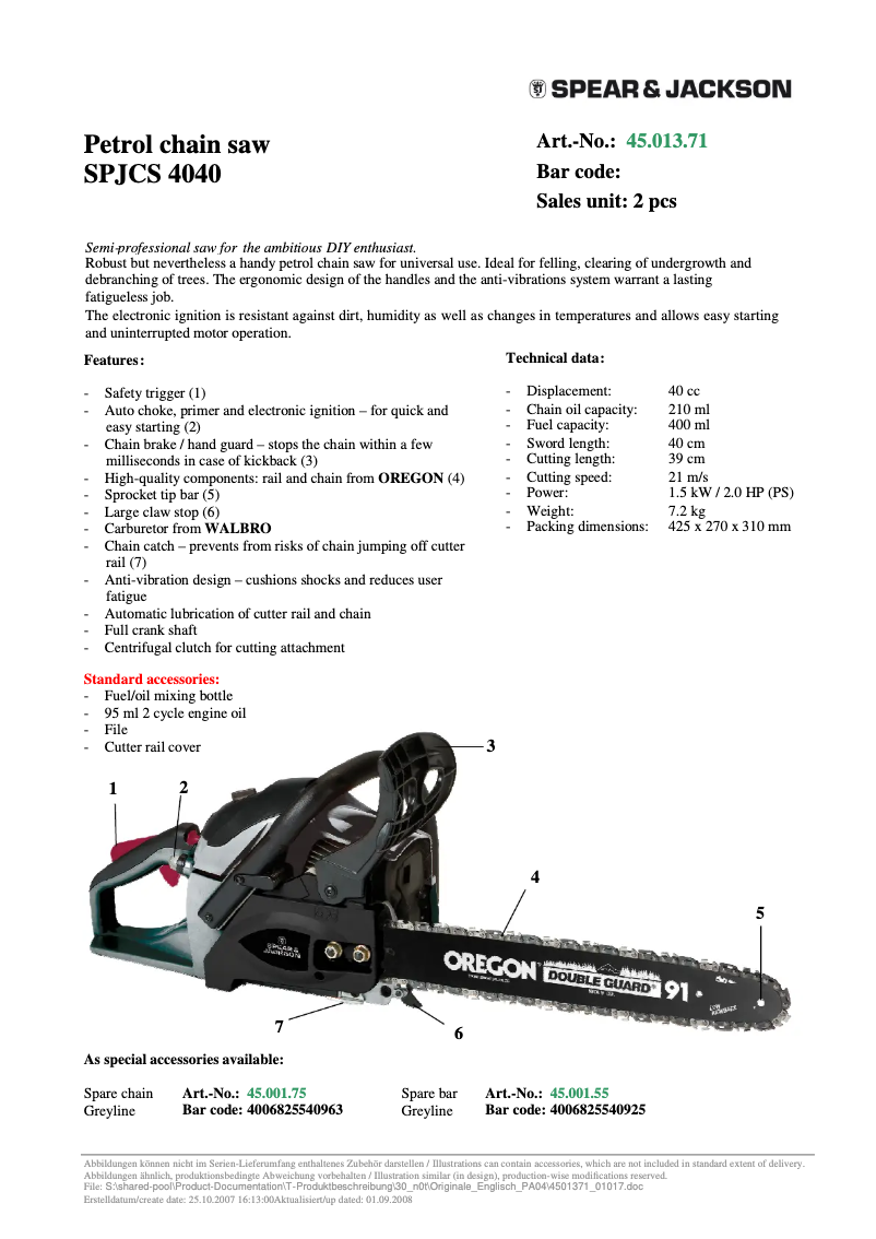 Page 1 de la notice Fiche technique Spear & Jackson SPJCS 4040