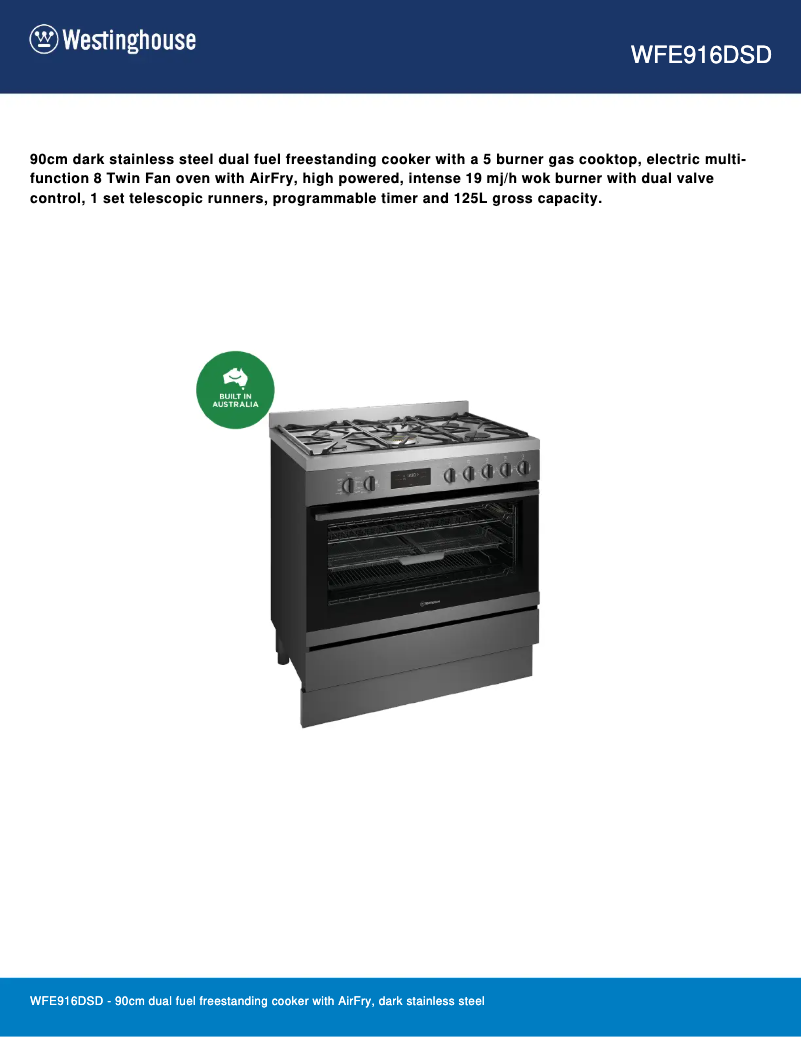 Page 1 de la notice Fiche technique Westinghouse WFE916DSD
