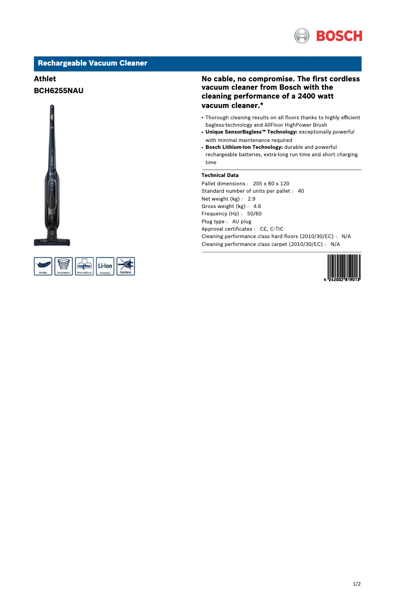Page n°1 - Fiche technique Bosch BCH6255NAU