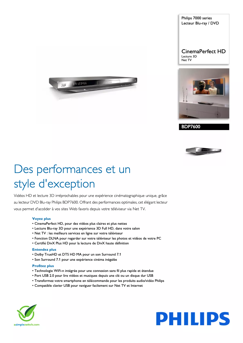 Page 1 de la notice Fiche technique Philips BDP7600