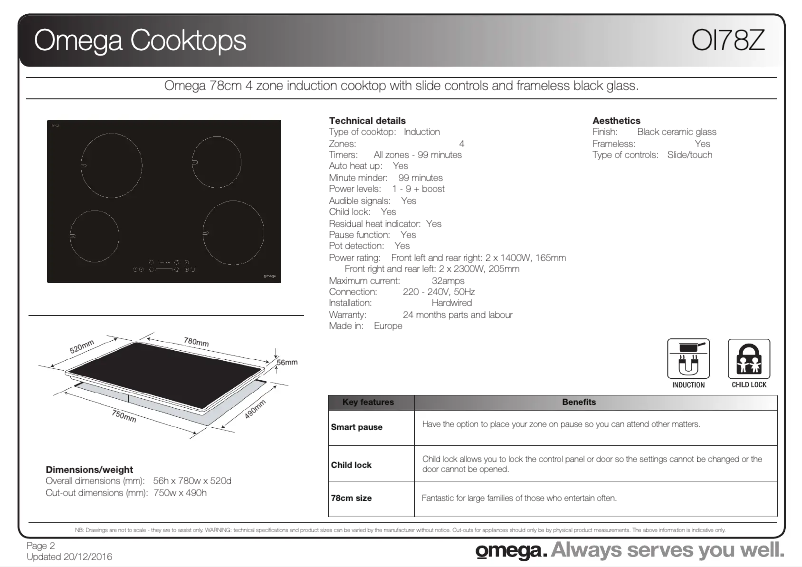 Page 1 de la notice Fiche technique Omega OI78Z