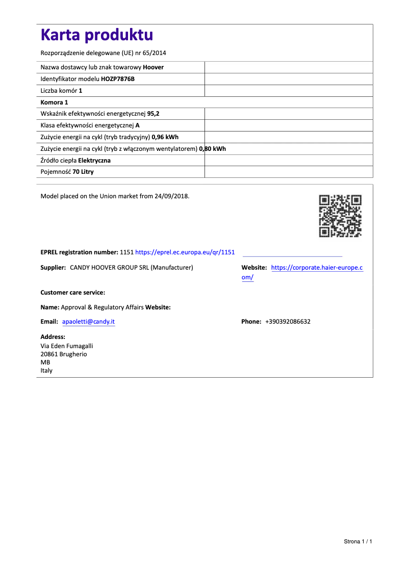 Image de la première page du manuel de l'appareil HOZP7876B