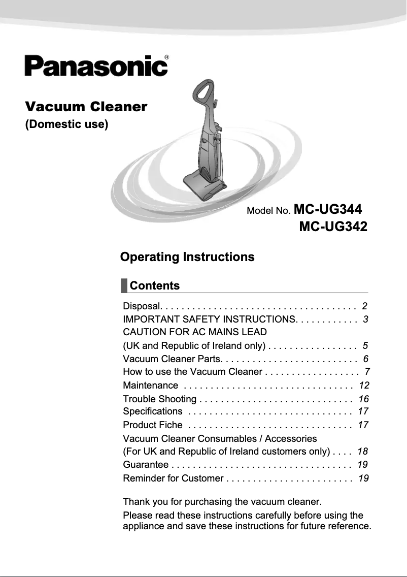 Page 1 de la notice Manuel utilisateur Panasonic MC-UG344