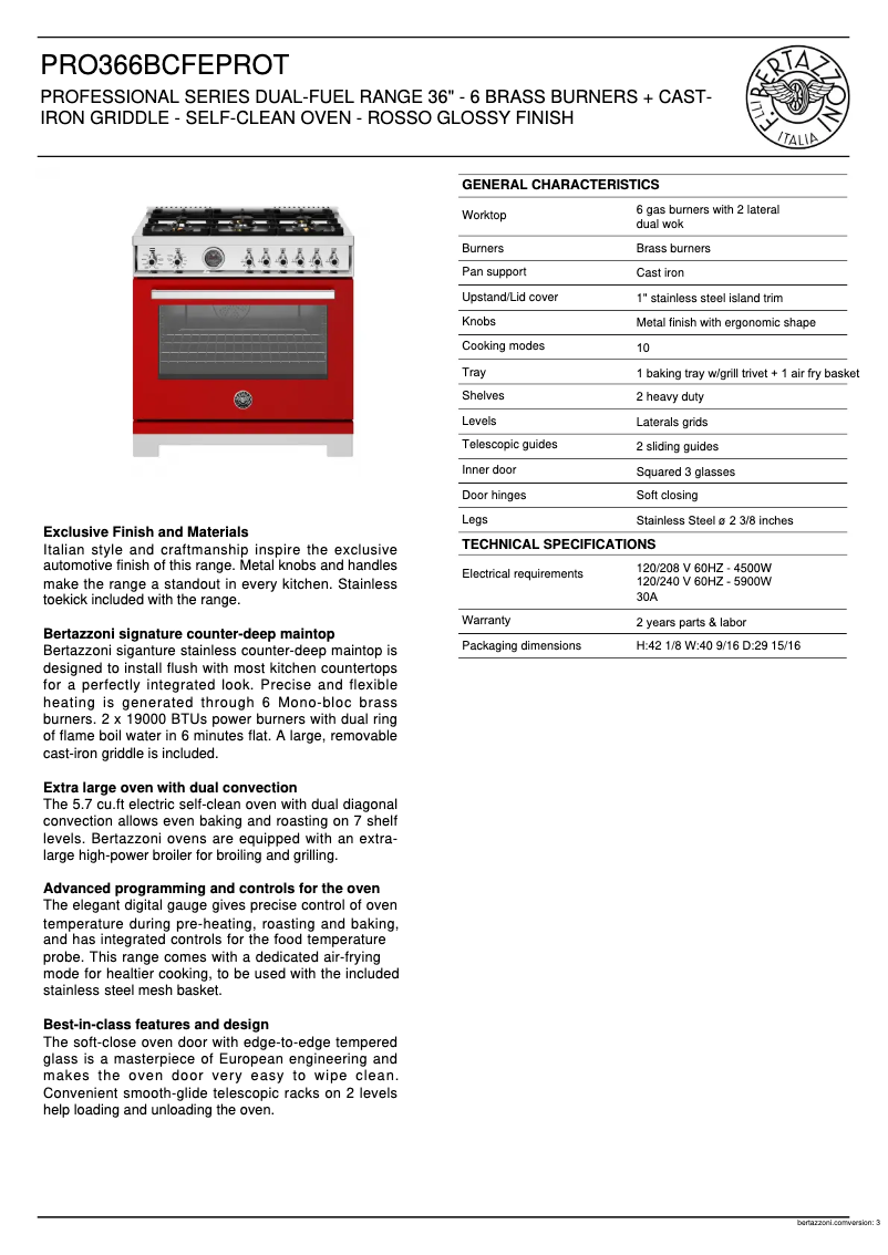 Page 1 de la notice Fiche technique Bertazzoni PRO366BCFEPROT