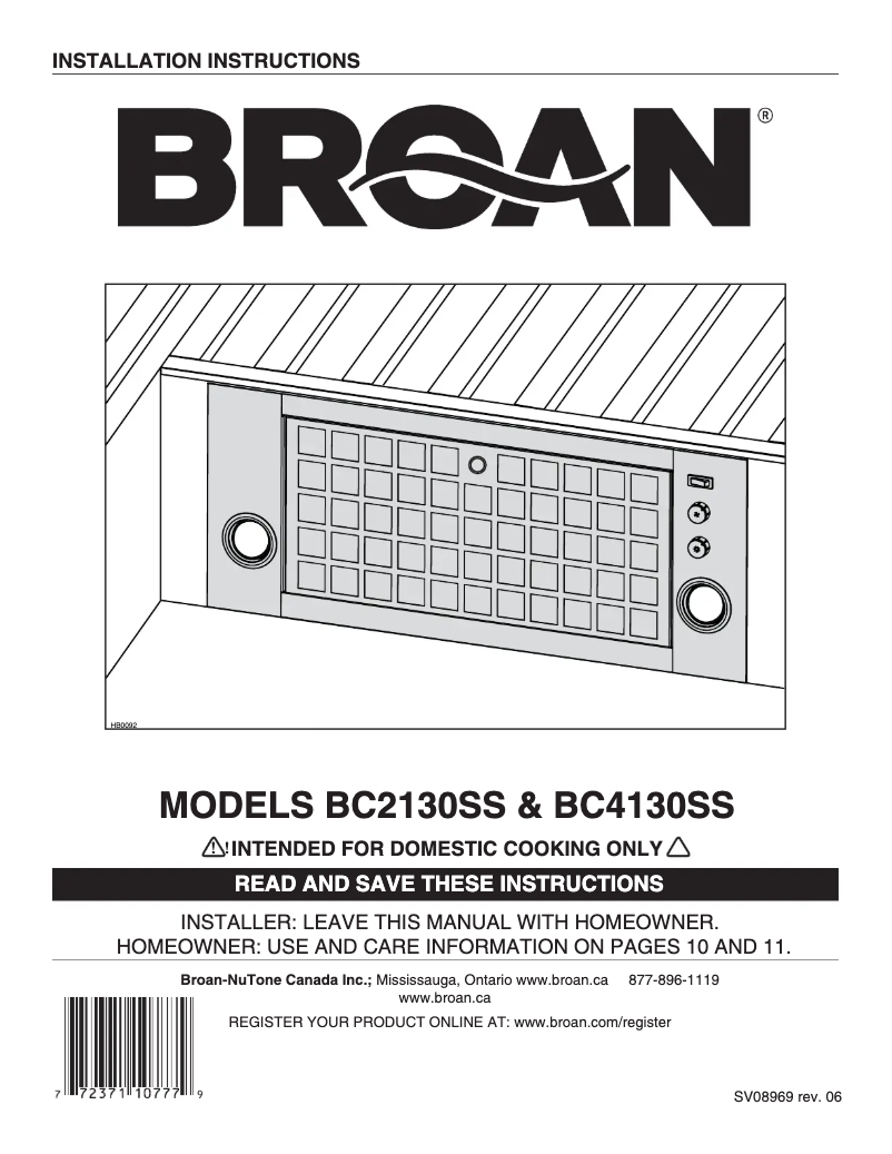 Page 1 of the manual Installation Guide Broan BC4130SS