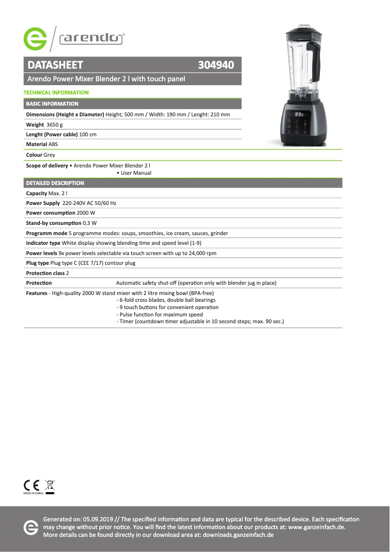 Page 1 de la notice Fiche technique Arendo 306855